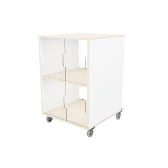 Fixa vitriinikaappi tupla 2:2, pyörillä,  plexiliukuovet ja valkotaulut, S58 cm