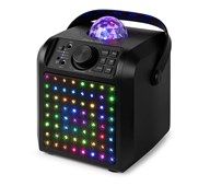 Kaiutin mikrofonilla ja valoefektillä