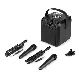 Kaiutin mikrofonilla ja valoefektillä