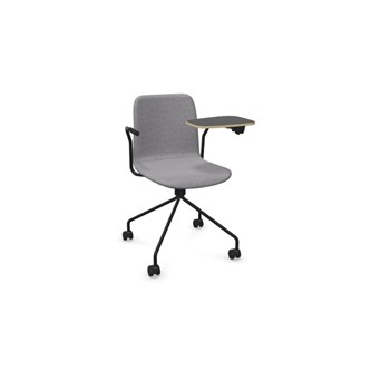 Vapaa tuoli, ympäriverhoiltu, matala selkä, kirjoitustaso, musta ristikko pyörillä