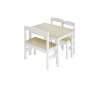 Lina pöytä, 2 tuolia ja penkki, valkoinen/koivu